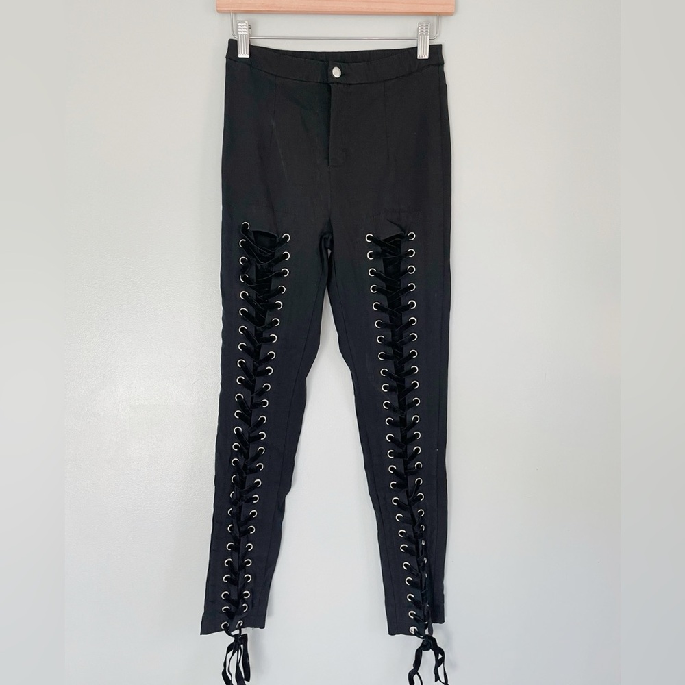 Solid Black Cotton Blend Gothic Velvet Lace Up Pants Size Small